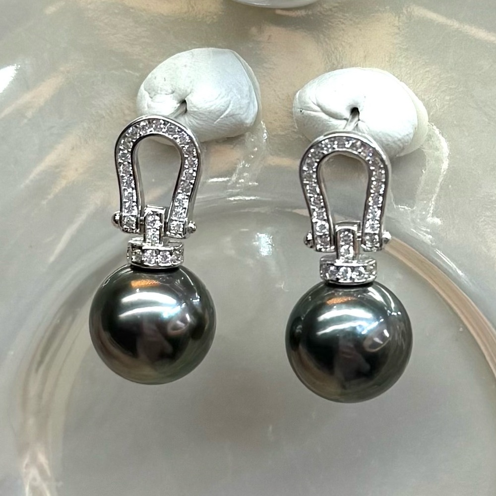 EPT16 Australian Tahitian Charcoal 10-11mm Pearl Horseshoe Earrings 18K WG S925 - Picture 3 of 16